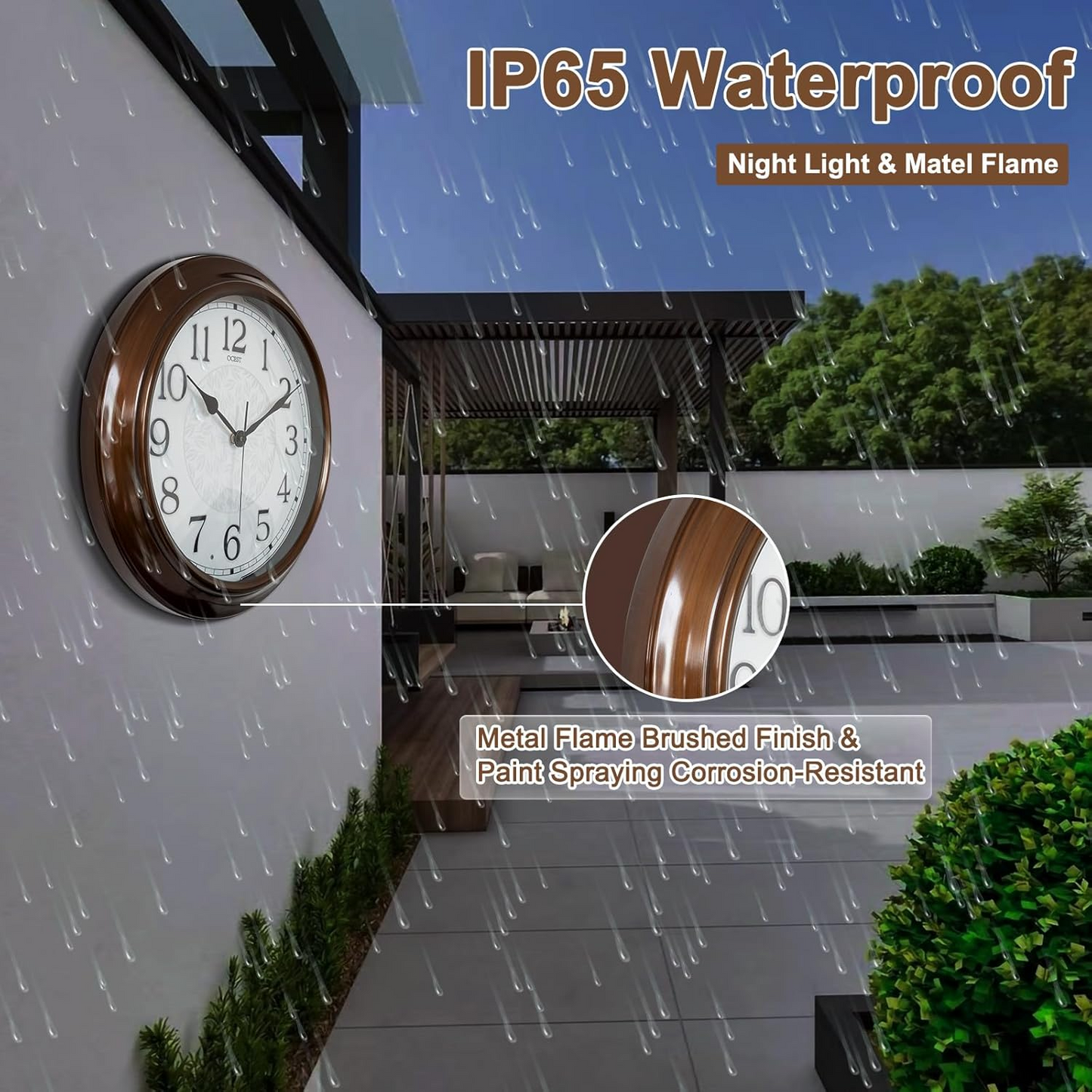 OCEST 15 Inch Illuminated Indoor Outdoor Clock Waterproof, Silent Metal Large Outdoor Clock Glow in the Dark, Battery Operated Wall Clock for Patio Garden Pool Living Room Office Decorative