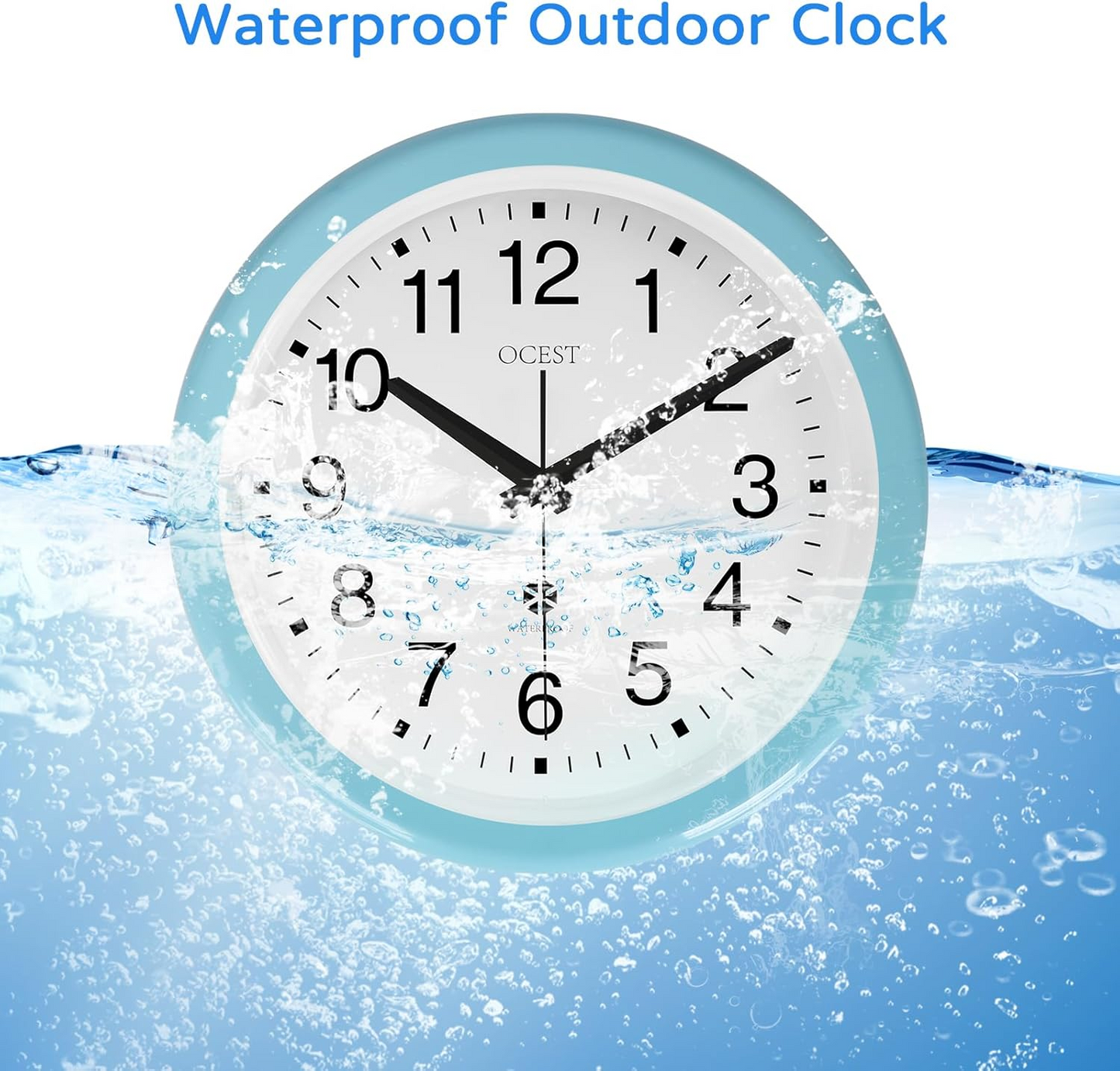 OCEST 12 Inch Sealed Indoor Outdoor Clock Waterproof, Large Display, Easy to Read, Silent Non-Ticking Battery Operated Wall Clock for Bathroom, Patio, Pool, Porch, Garden（Blue）