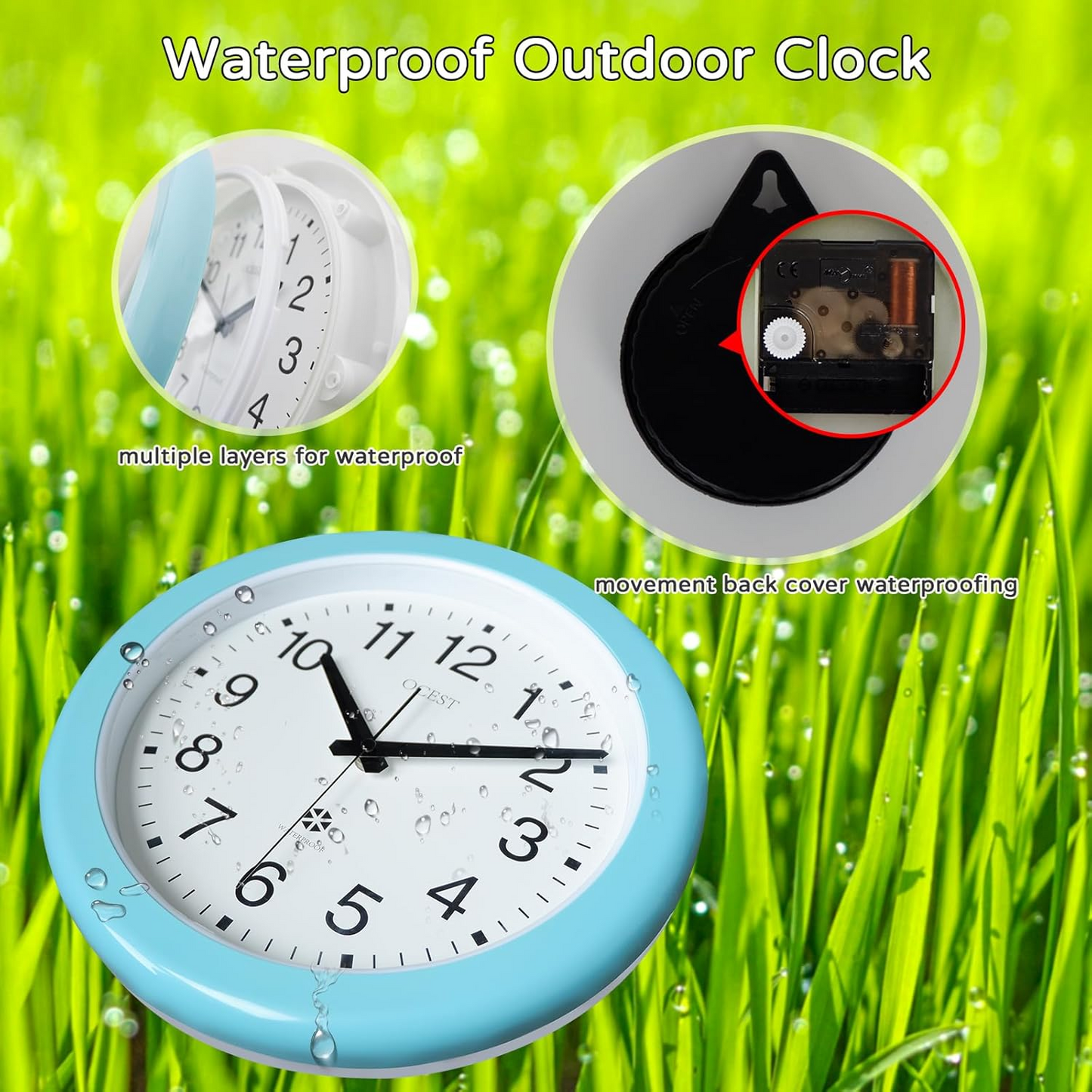 OCEST 12 Inch Sealed Indoor Outdoor Clock Waterproof, Large Display, Easy to Read, Silent Non-Ticking Battery Operated Wall Clock for Bathroom, Patio, Pool, Porch, Garden（Blue）