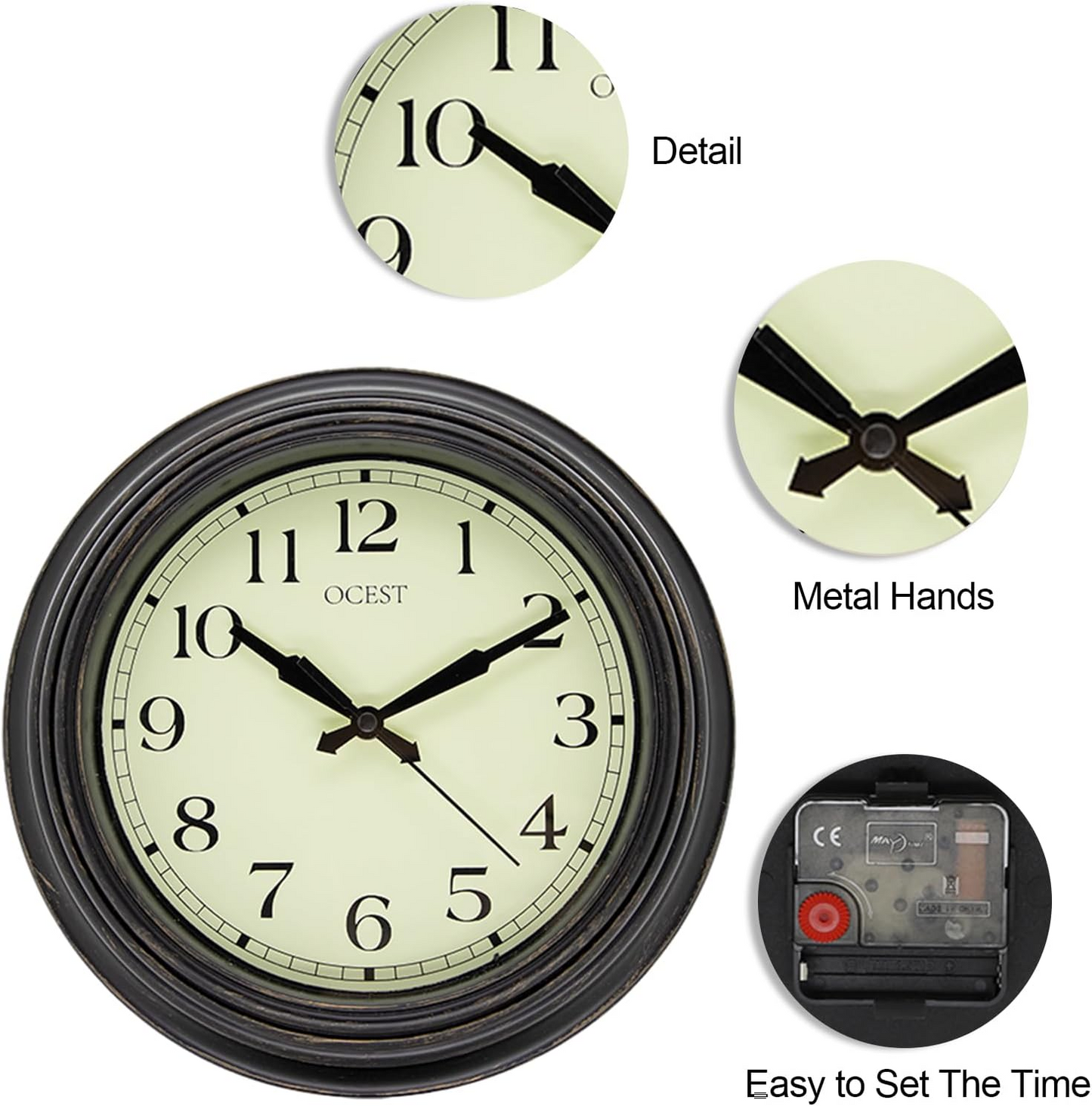 OCEST Kitchen Wall Clock, 9-Inch Silent Non Ticking Battery Operated Wall Clock for Livingroom, Bedroom, Bathroom, Office, Easy to Read, Large Display (Bronze)