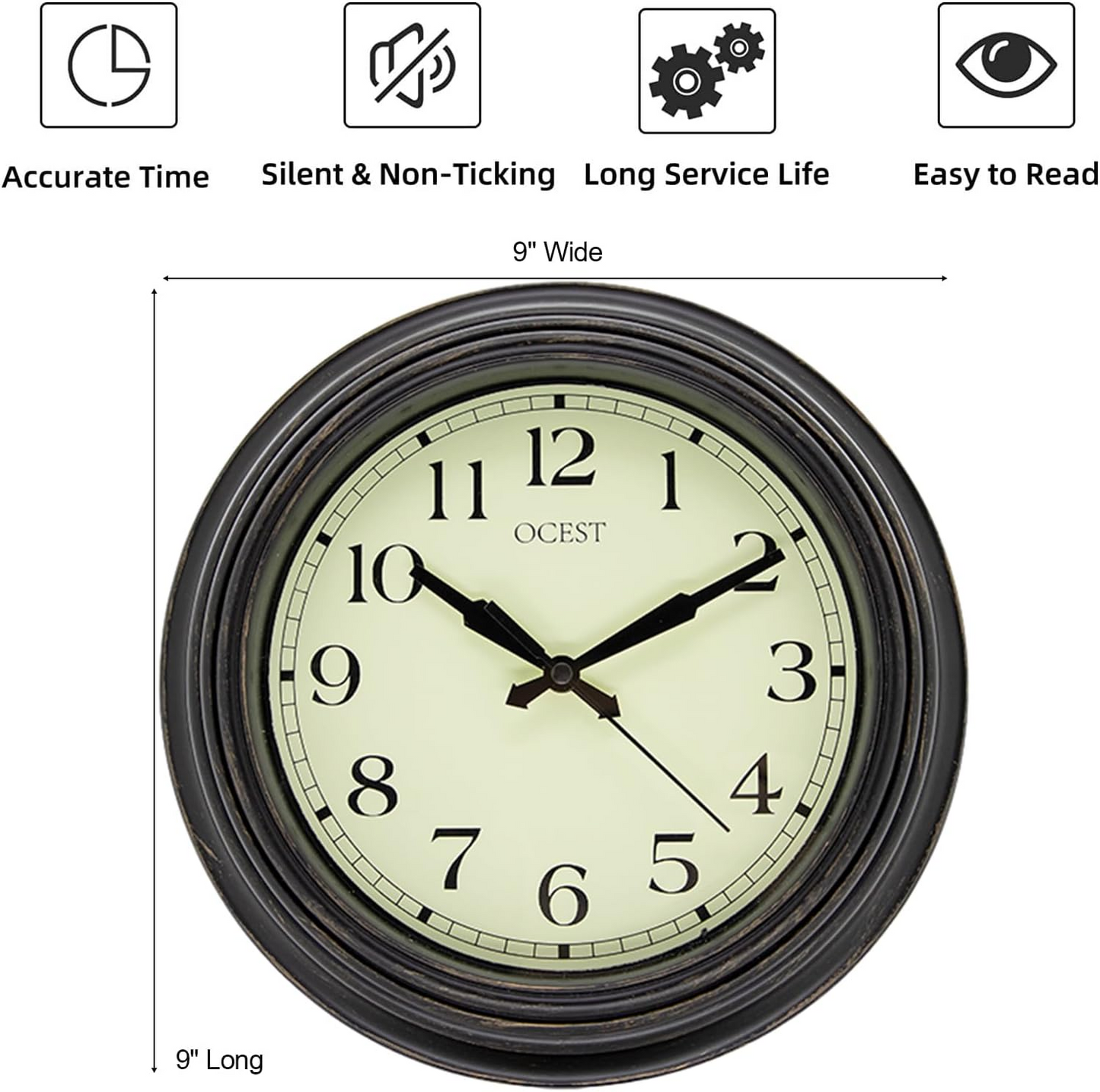 OCEST Kitchen Wall Clock, 9-Inch Silent Non Ticking Battery Operated Wall Clock for Livingroom, Bedroom, Bathroom, Office, Easy to Read, Large Display (Bronze)