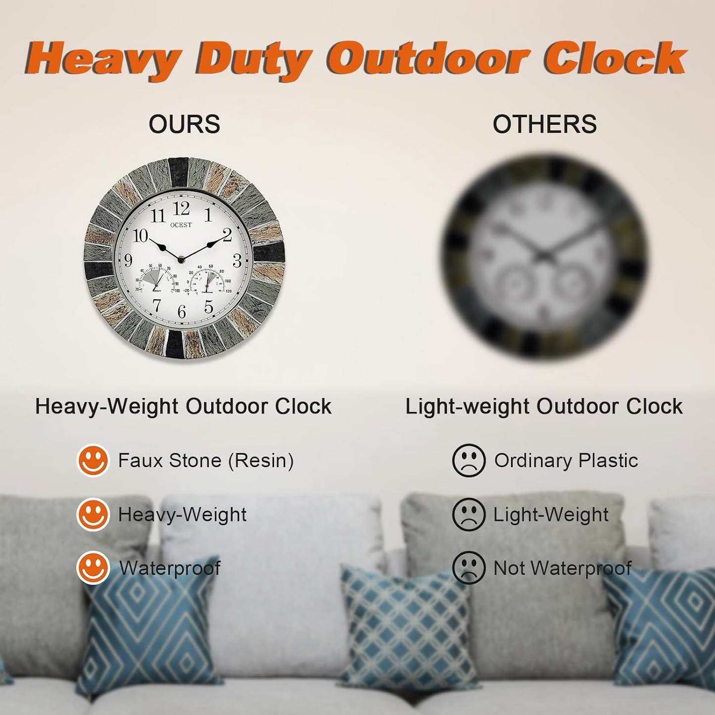 OCEST Heavy Duty Indoor Outdoor Clock, 13Inch Handmade Waterproof Wall Clock with Thermometer Hygrometer, Silent Non-Ticking Battery Operated Wall Clock for Patio, Pool, Porch, Garden