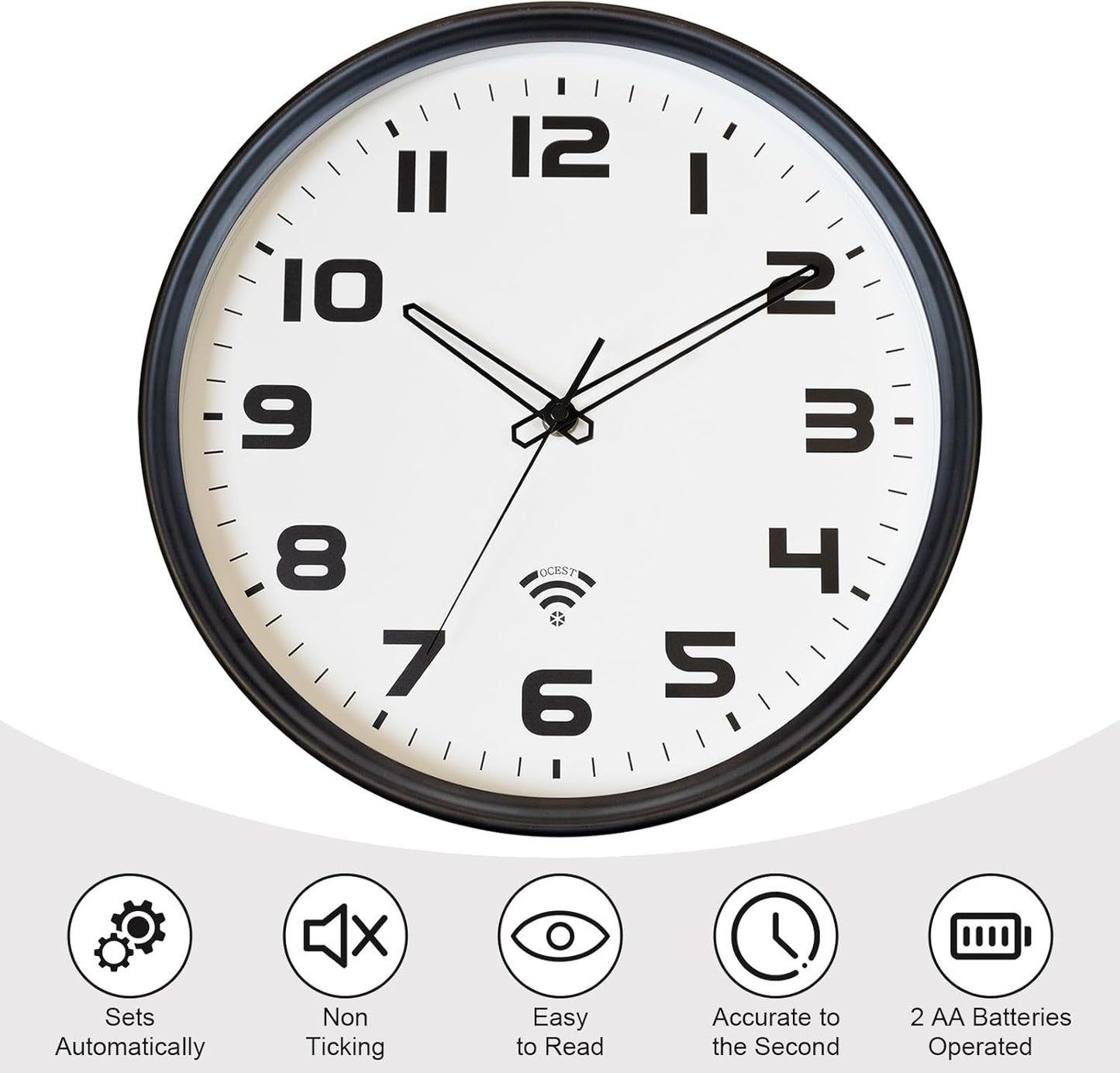 OCEST Smart Analog Silent Wall Clock, 12 Inch Automatically Sync Time Battery Operated Easy to Read Clock for Living Room Bedroom Office School Home (Classic)